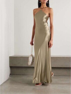 staud casey dress green Puff Sleeves A-line Satin Green/White Long Prom Dress, Green Long Form –  shopluu main image 1